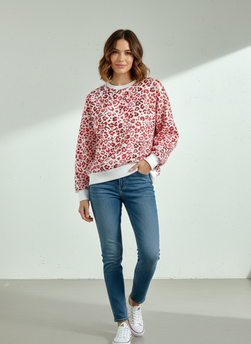 Red Leopard Loopback Sweatshirt Fabric – Sold by the Metre