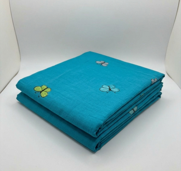 Turquoise Butterfly Embroidered Pure Cotton Fabric