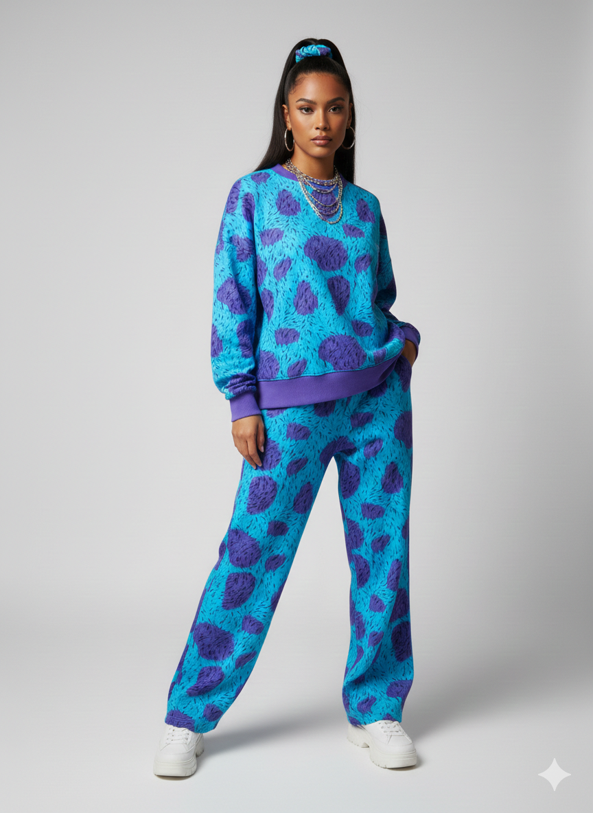 Teal & Purple Monster Print Loopback Sweatshirt Fabric – Sold by the Metre - Vératex Fabrics