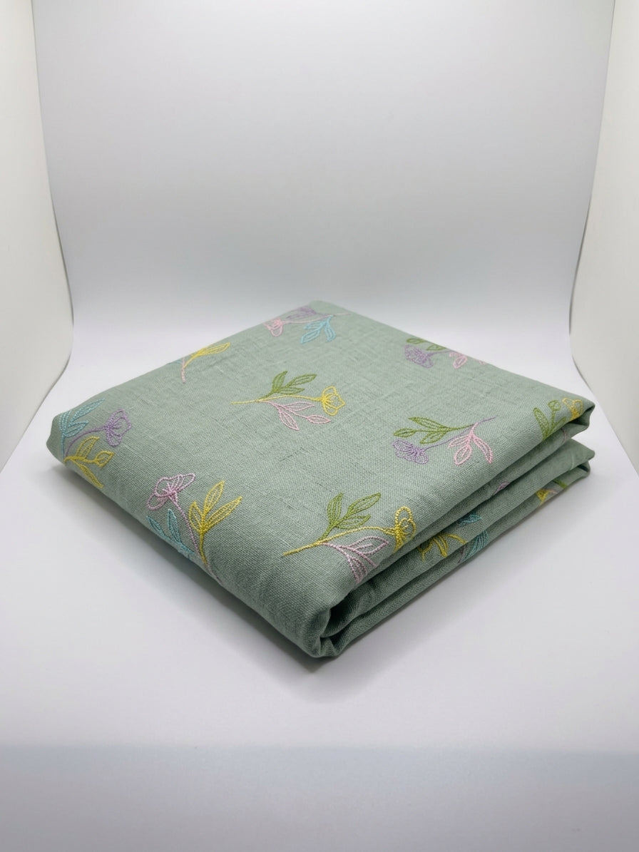 Sage Green Embroidered Floral Poly-Linen Blend Fabric - Vératex Fabrics