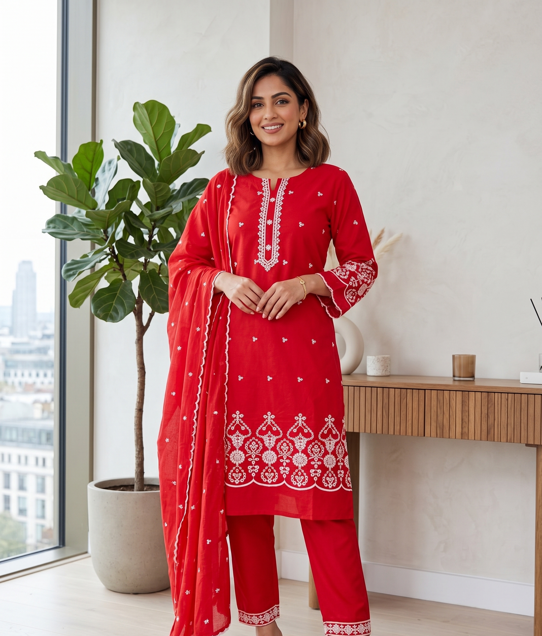 Red Floral Embroidered Poly Cotton Fabric