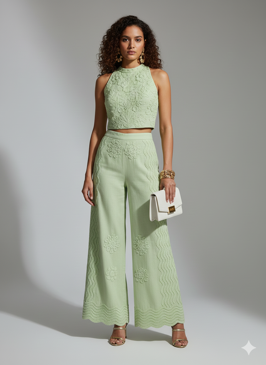 Green Floral Embroidered Poly-Cotton Fabric – Sold by the Metre - Vératex Fabrics