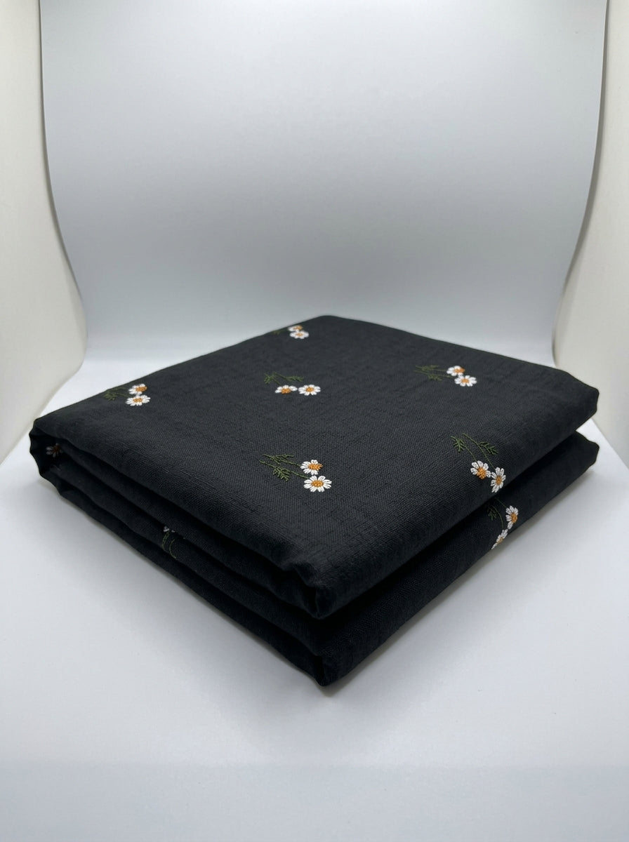 Black Embroidered Floral Poly-Linen Blend Fabric - Vératex Fabrics