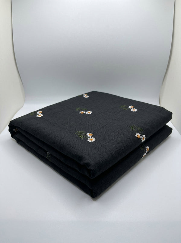 Black Embroidered Floral Poly-Linen Blend Fabric - Vératex Fabrics