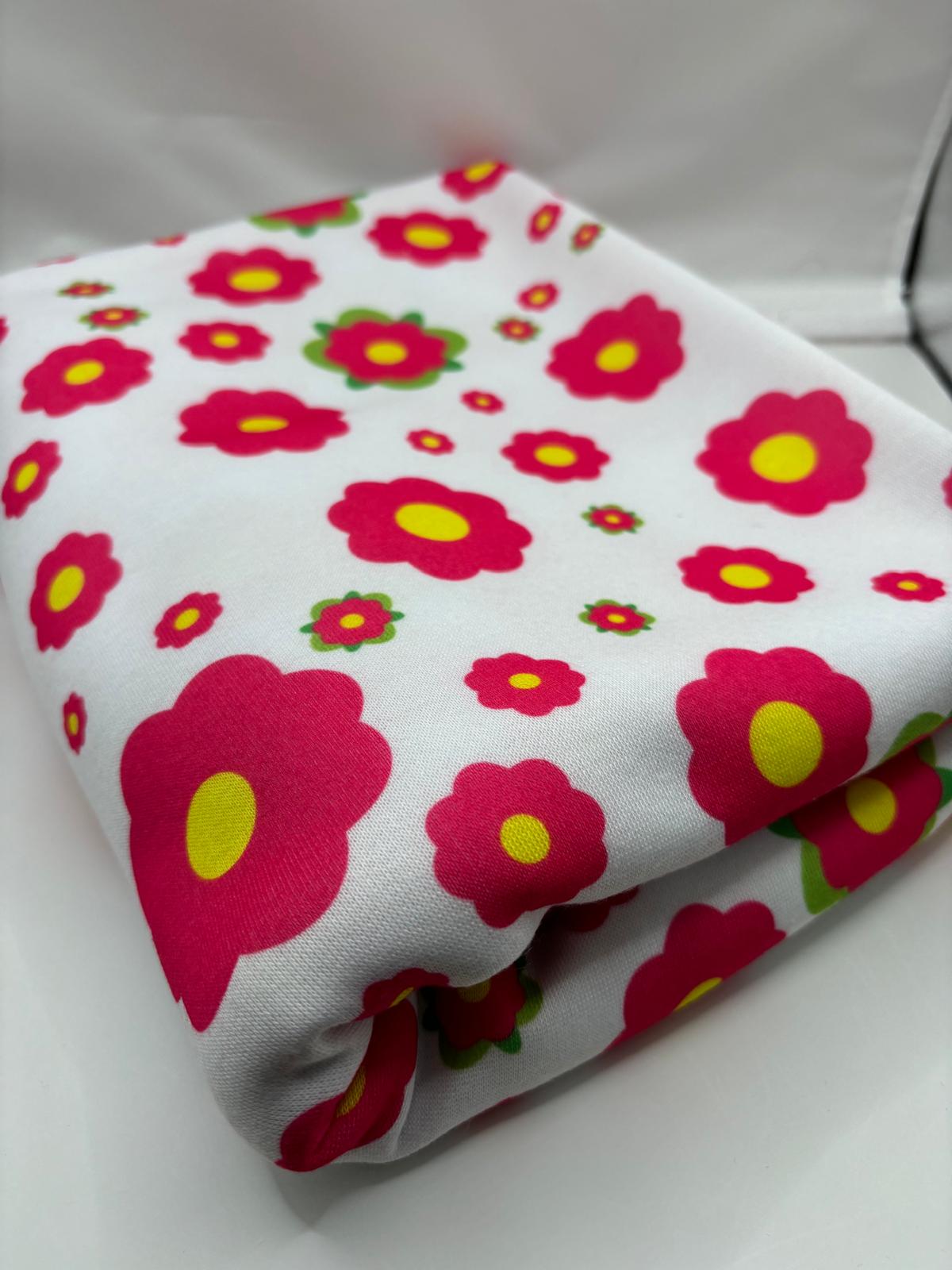 Retro Pink Flower Loopback Jersey Fabric – Sold by the Metre - Vératex Fabrics