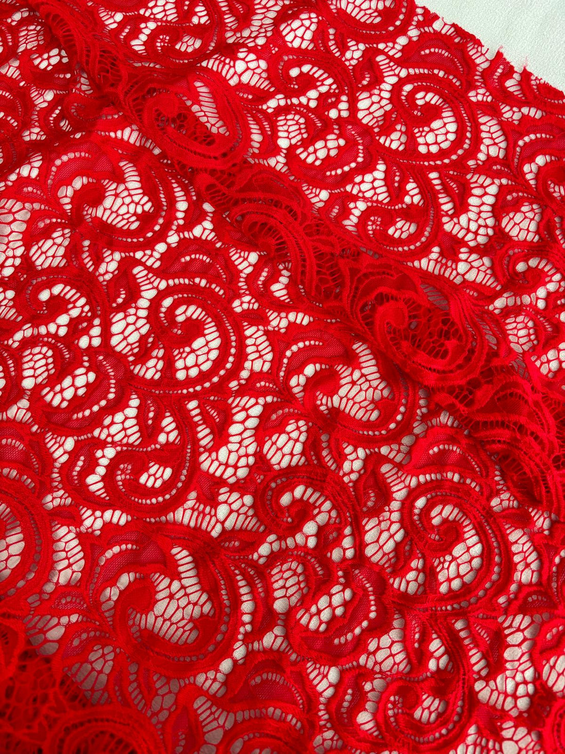 Vibrant Red Swirl Corded Lace Fabric – Sold by the Metre - Vératex Fabrics