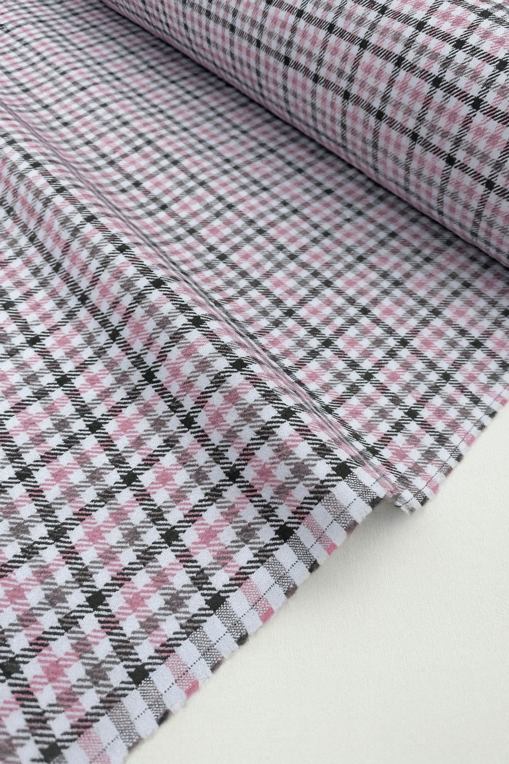 Pink and Grey Check Poly Cotton Fabric