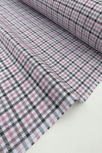 Pink and Grey Check Poly Cotton Fabric - Vératex Fabrics