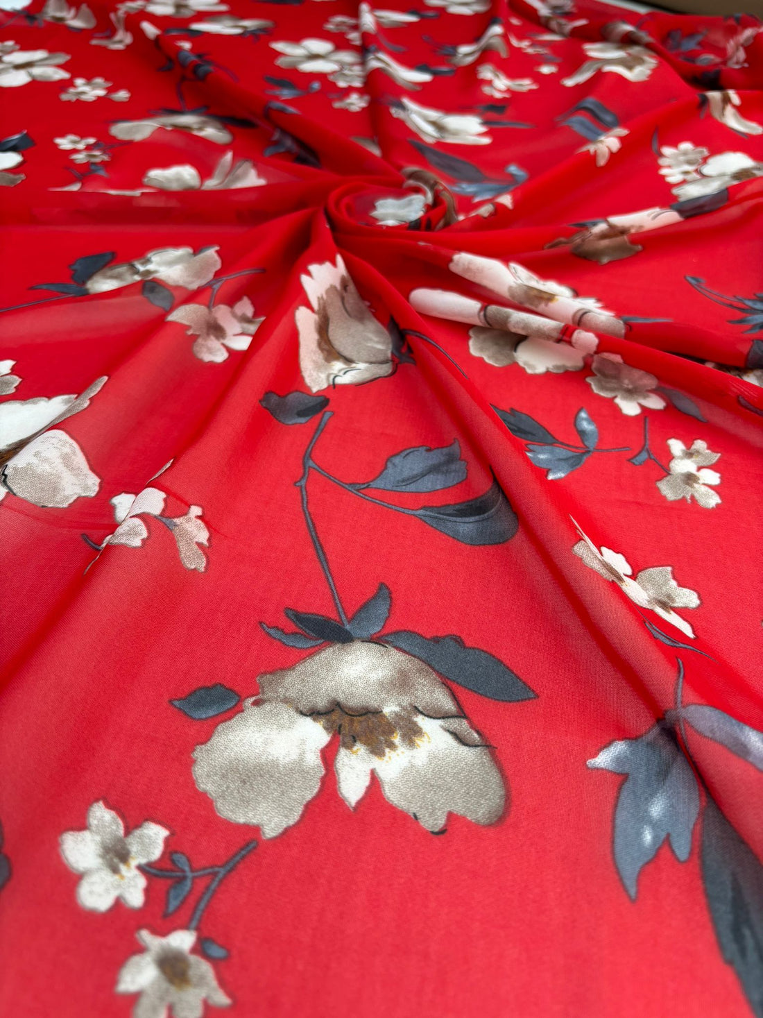 Red Floral Print Chiffon Fabric