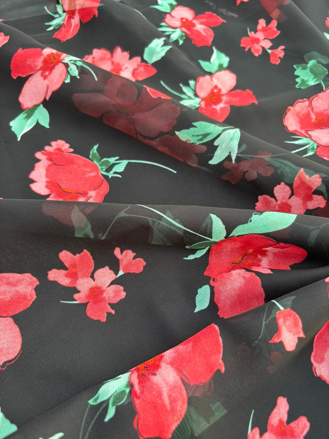 Black Red Floral Print Chiffon Fabric