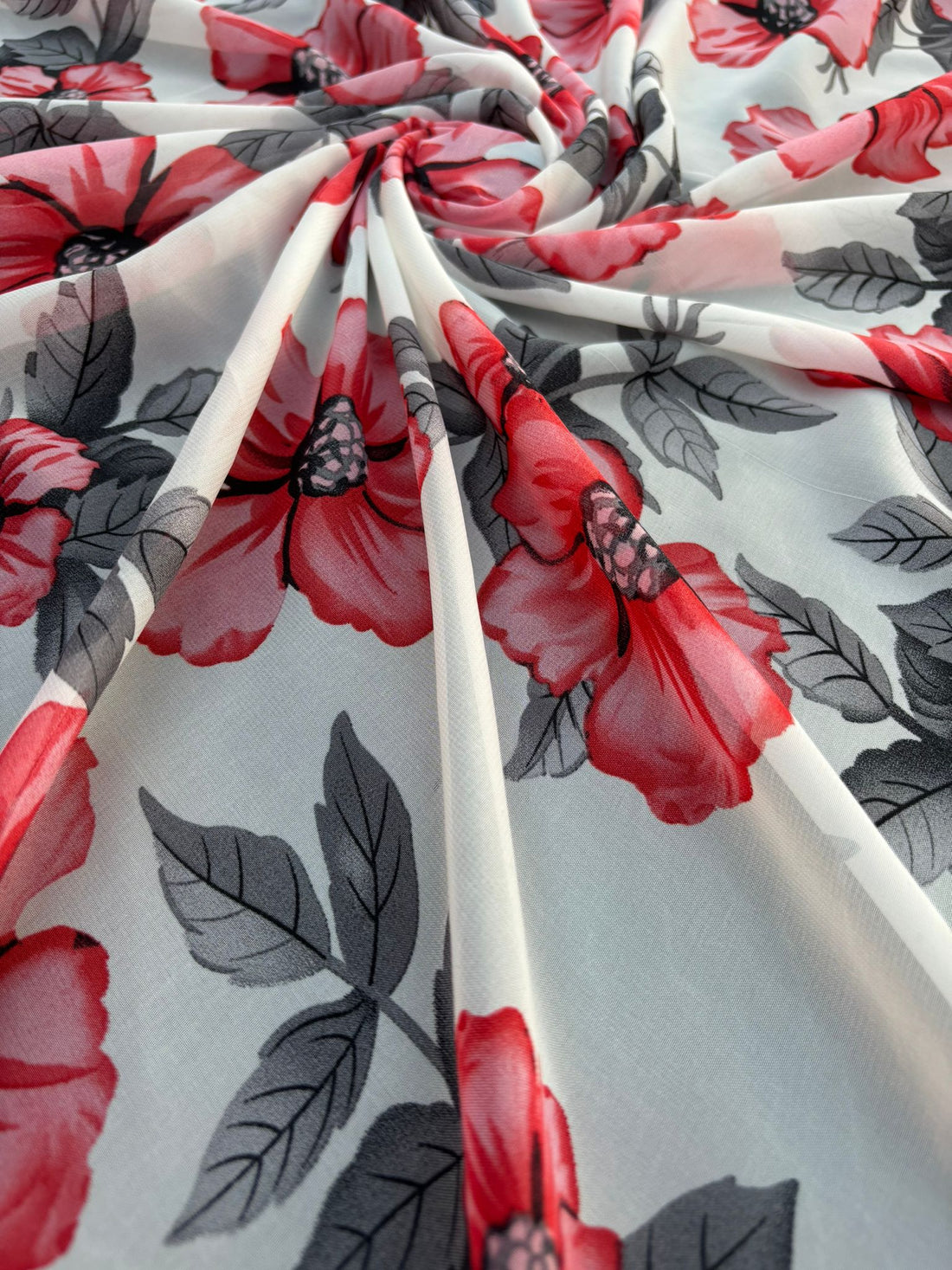 White Red Floral Print Chiffon Fabric