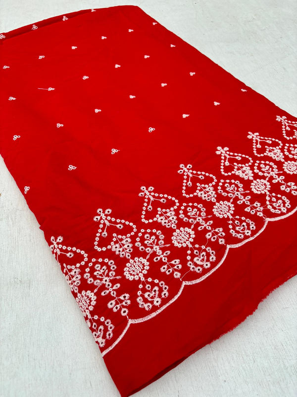 Red Floral Embroidered Poly Cotton Fabric
