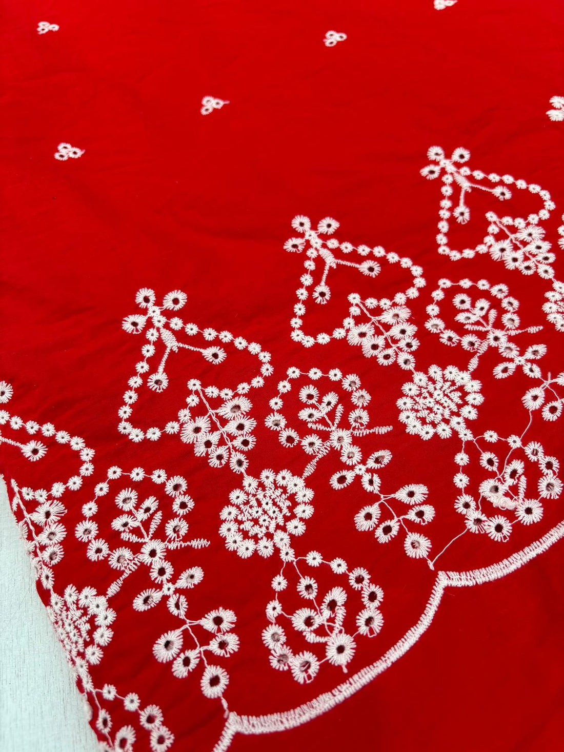 Red Floral Embroidered Poly Cotton Fabric