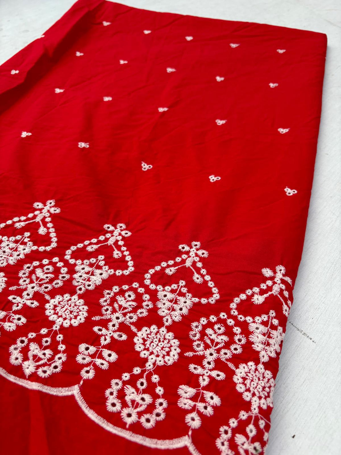 Red Floral Embroidered Poly Cotton Fabric