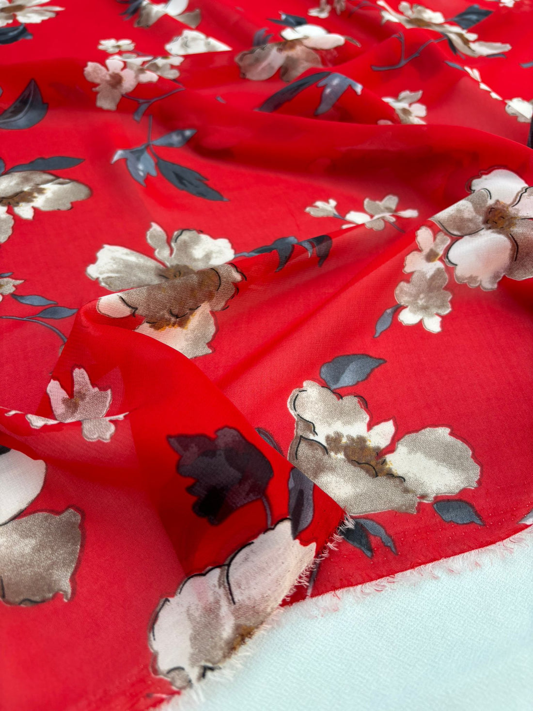 Red Floral Print Chiffon Fabric