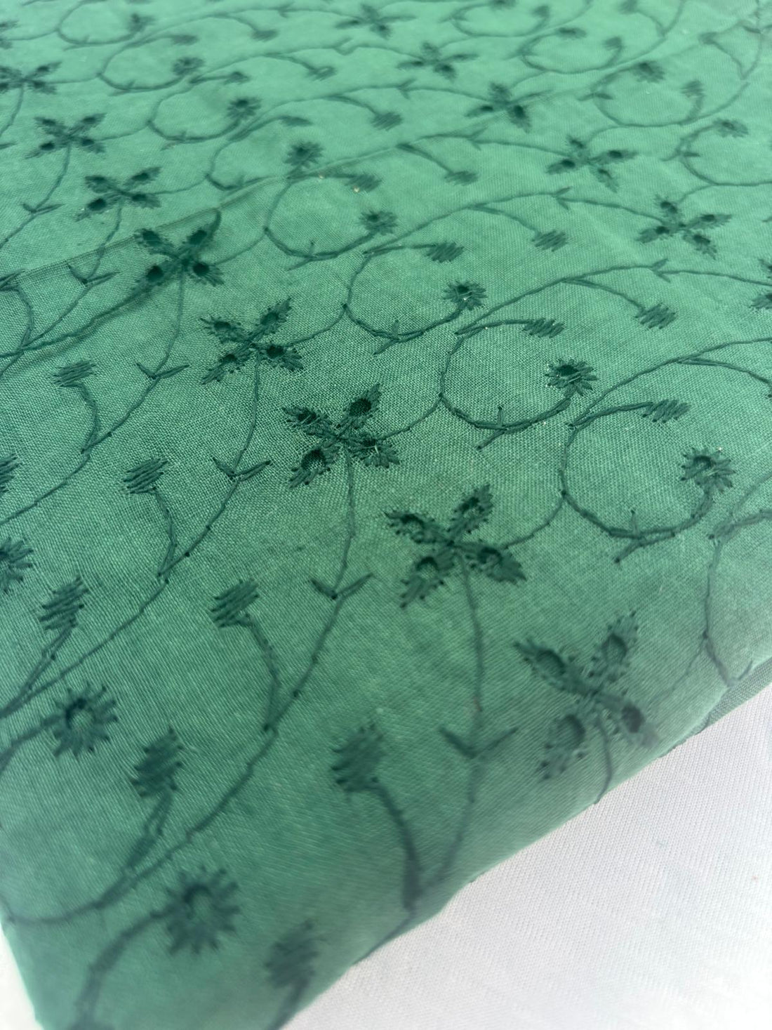 Green Schiffli Embroidered Cotton Blend Fabric