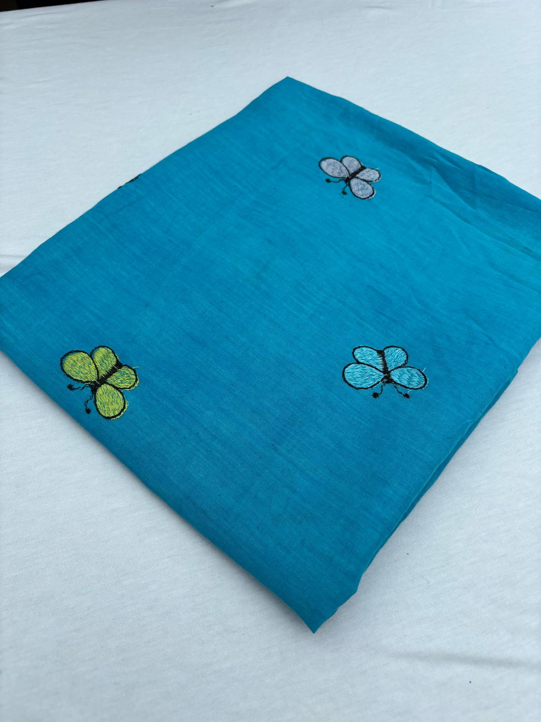 Turquoise Butterfly Embroidered Pure Cotton Fabric