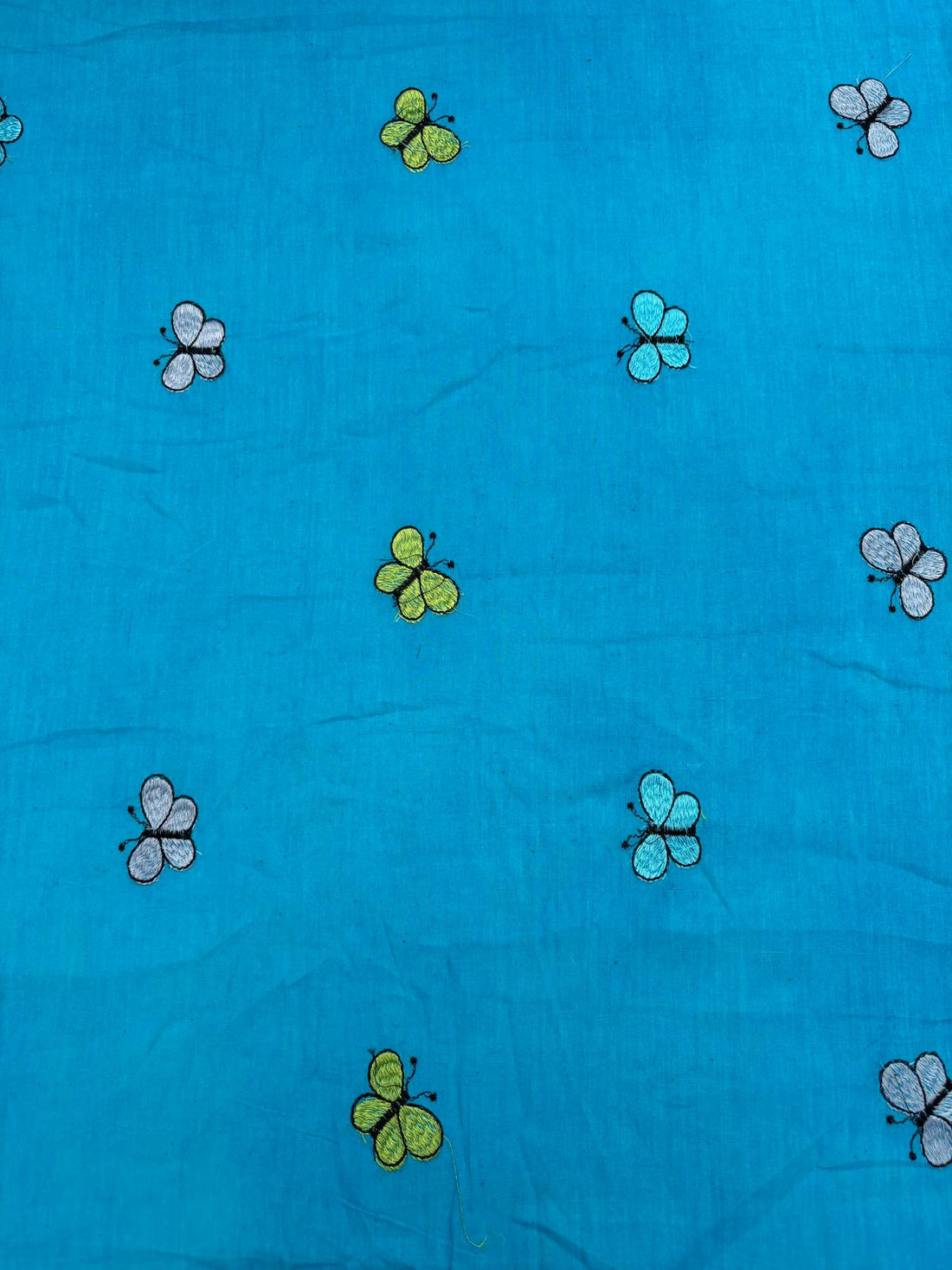 Turquoise Butterfly Embroidered Pure Cotton Fabric