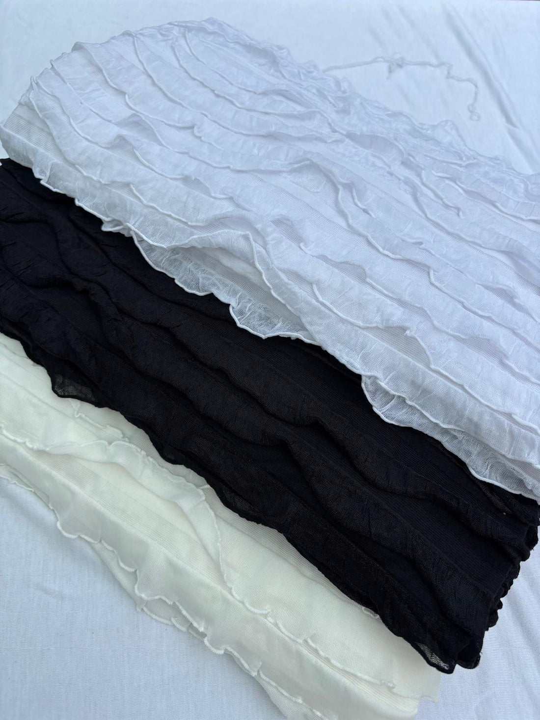 Ivory Tiered Ruffle Stretch Mesh Fabric - Vératex Fabrics