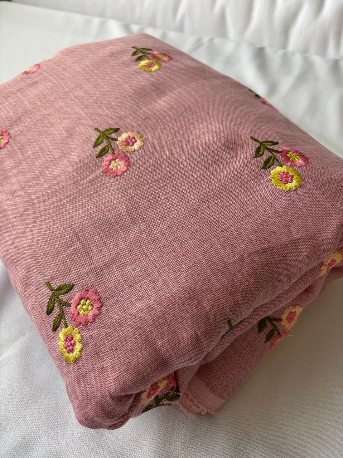 Dusty Rose Embroidered Floral Poly-Linen Blend Fabric - Vératex Fabrics