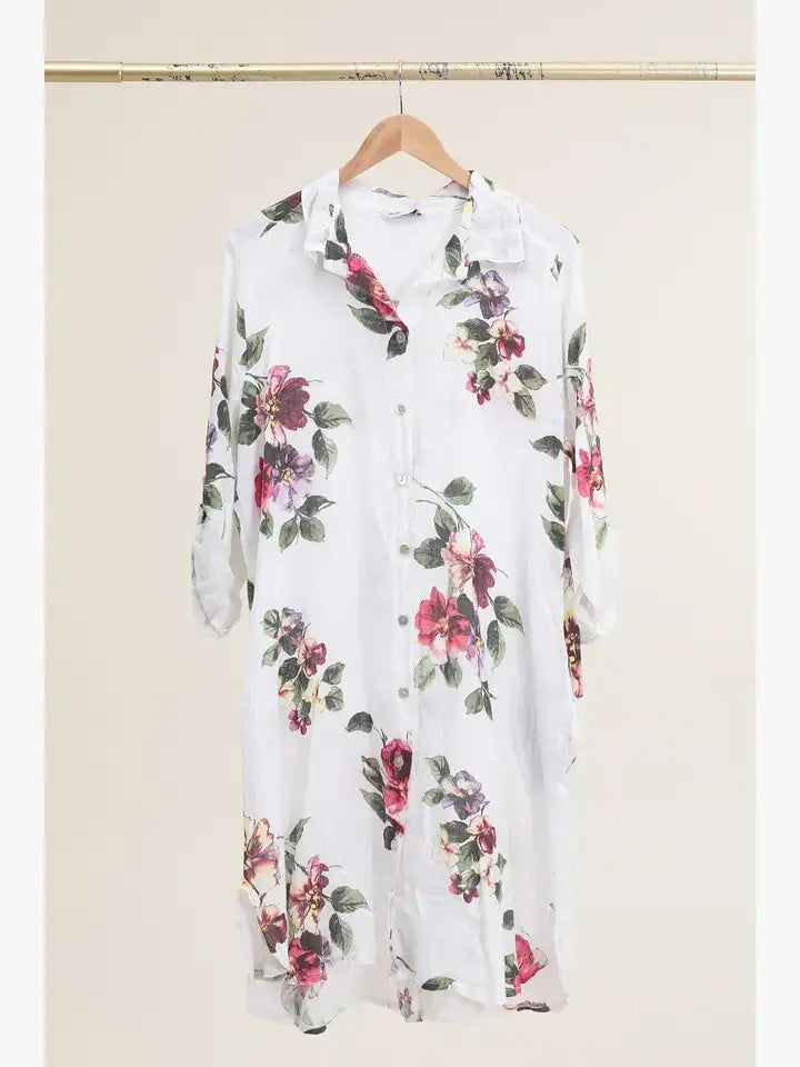 Pure Linen Floral Shirt Dress in White - Vératex Fabrics