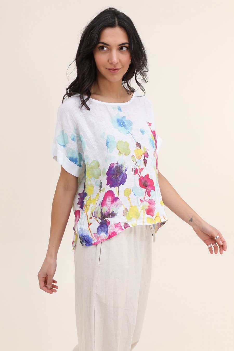 Pure Linen Floral T-Shirt - Vératex Fabrics