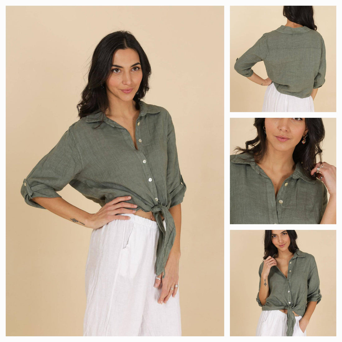 Pure Linen Knot Detail Shirt in Khaki - Vératex Fabrics
