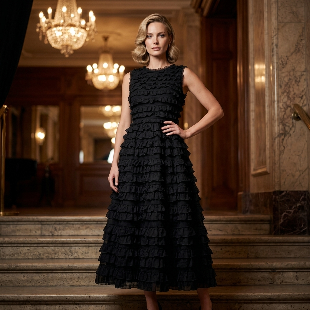Black Tiered Ruffle Stretch Mesh Fabric - Vératex Fabrics