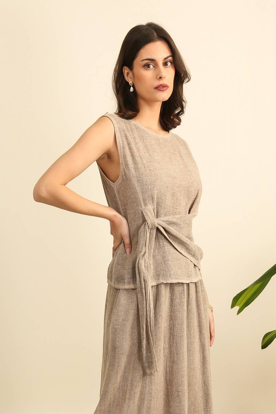 Linen Blend Sleeveless Blouse in Beige - Vératex Fabrics