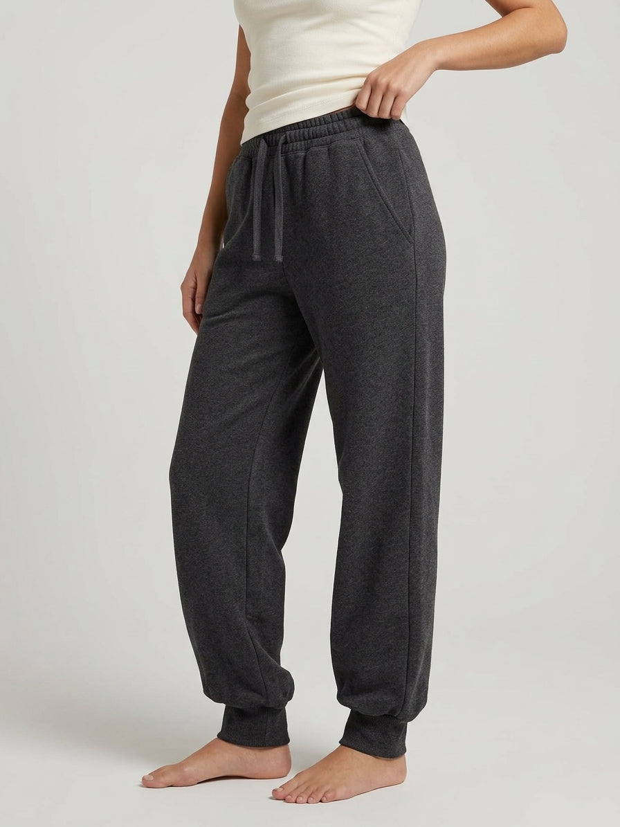 Charcoal 100% Cotton Loopback Jersey Fabric on model