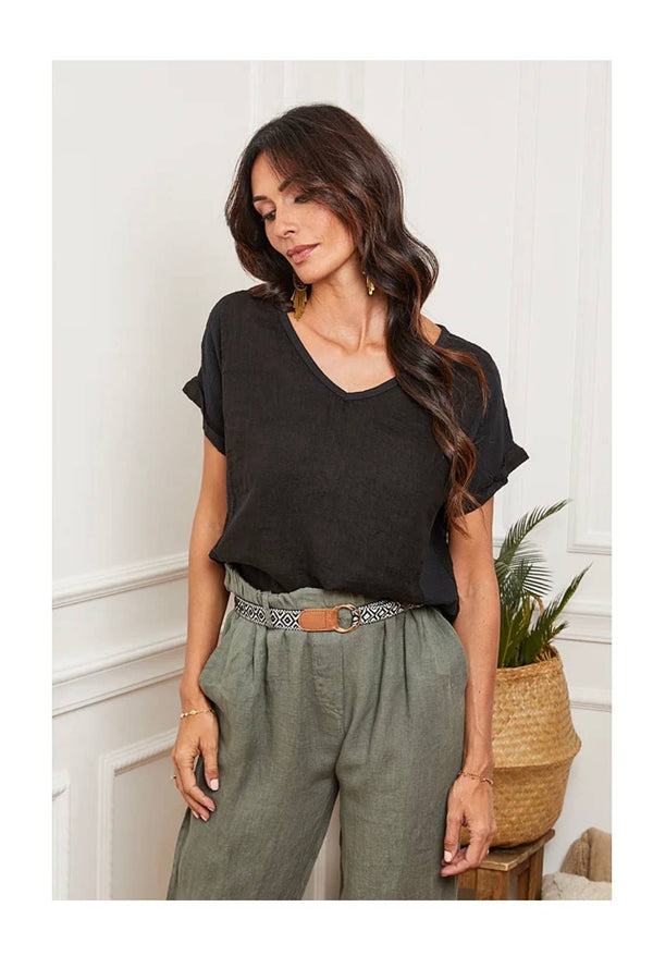 Pure Linen Textured T-Shirt in Black - Vératex Fabrics