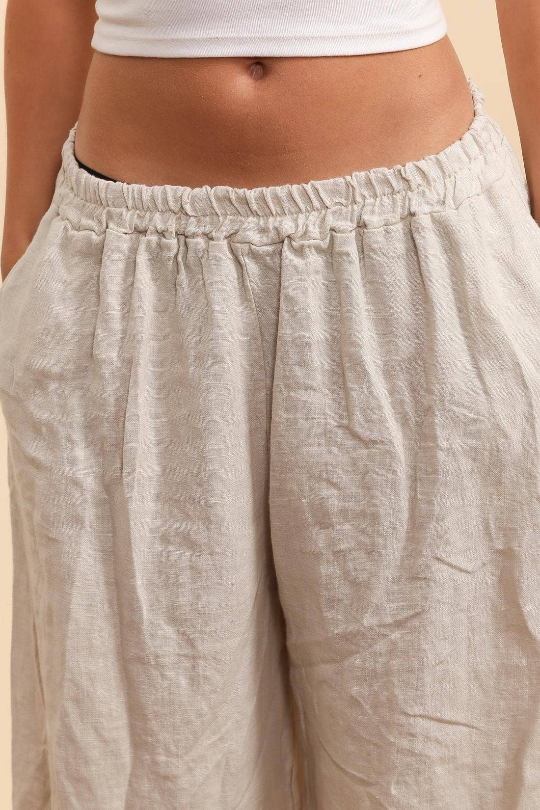 Pure Linen Relaxed Trousers in Beige - Vératex Fabrics