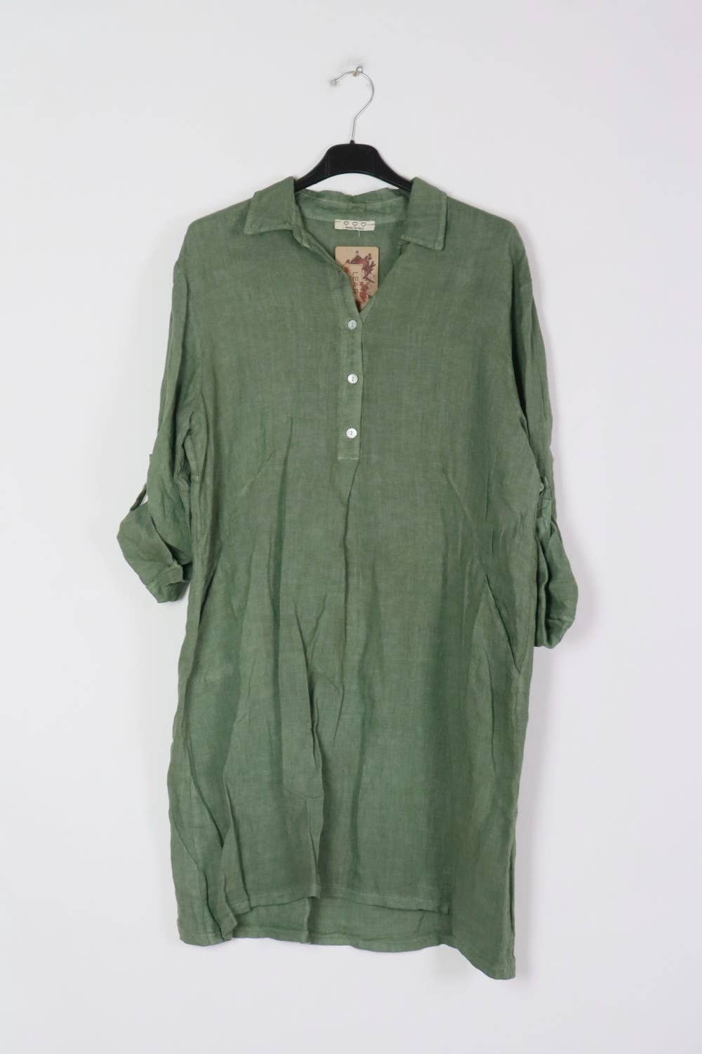 Pure Linen Flowing Dress in Khaki - Vératex Fabrics