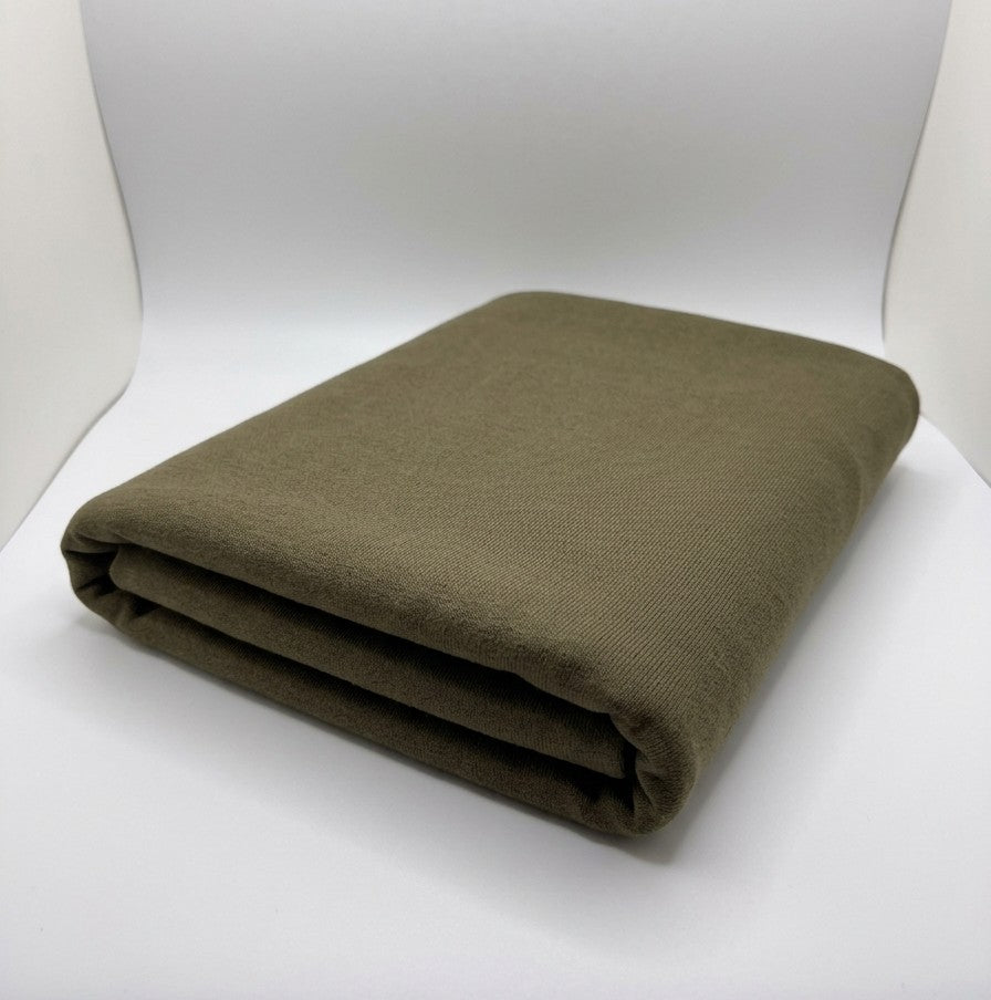 Olive 100% Cotton Loopback Jersey Fabric folded