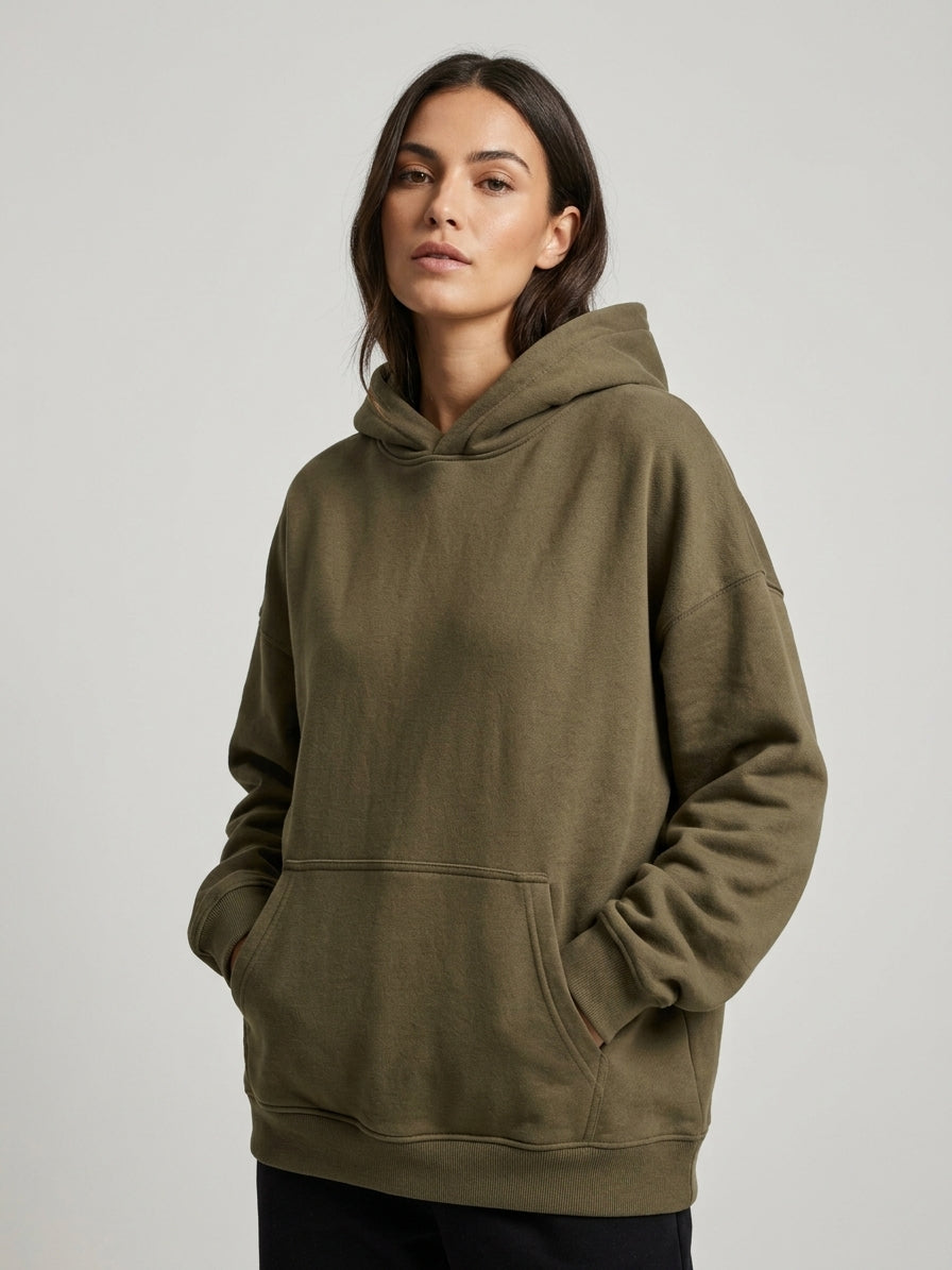 Olive 100% Cotton Loopback Jersey Fabric on model