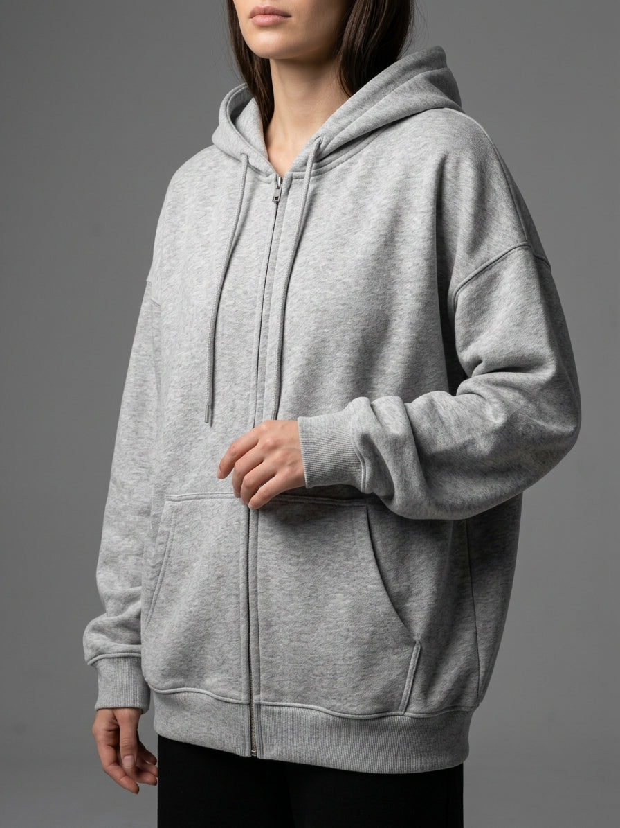 Silver Grey 100% Cotton Loopback Jersey Fabric on model